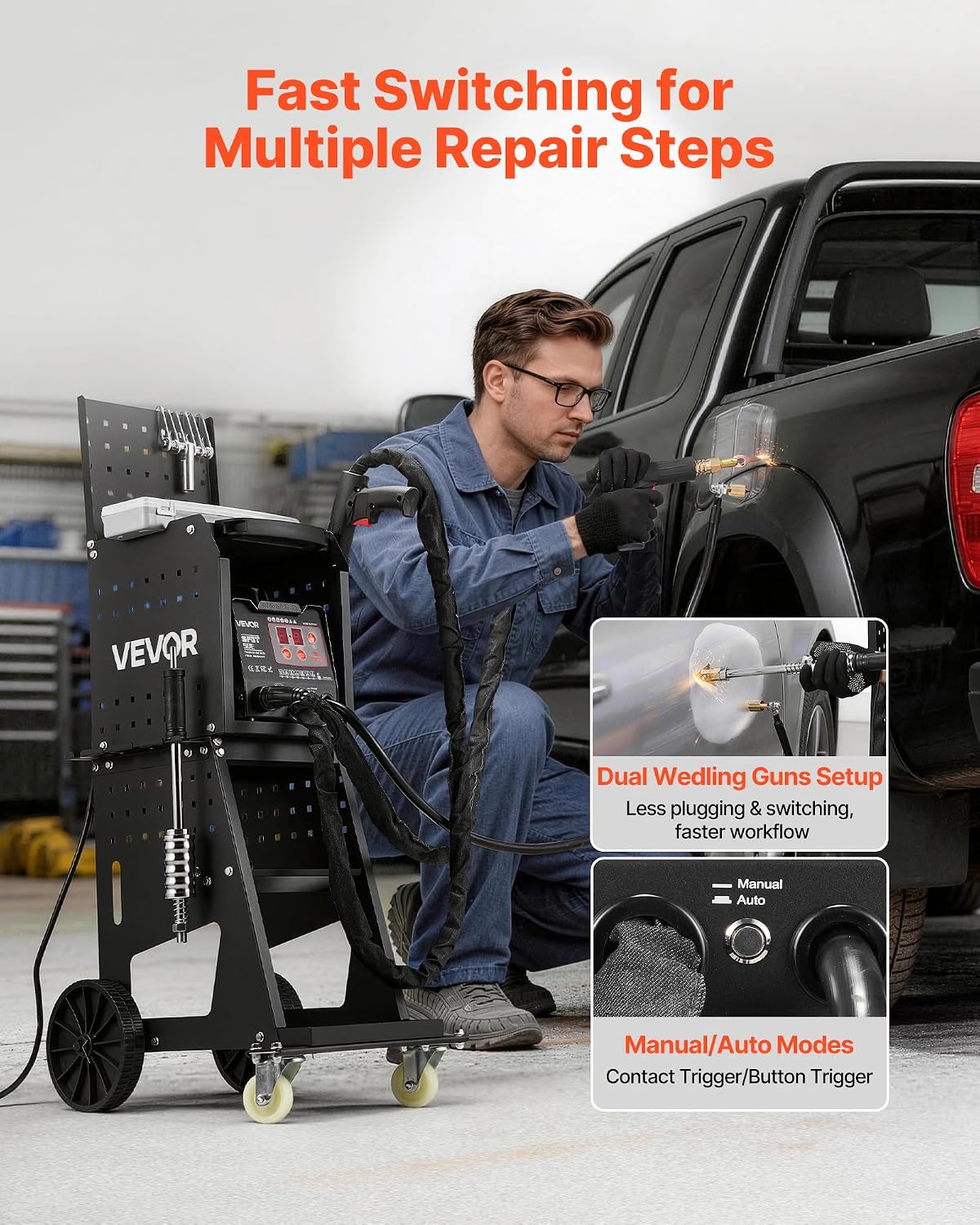 VEVOR Stud Welder Dent Repair Kit & Welding Cart, 3KW Spot Welder with 2 Welding Guns and 7 Modes, 110V Auto Body Spot Welding Dent Repair Machine for Steel Panel Repair