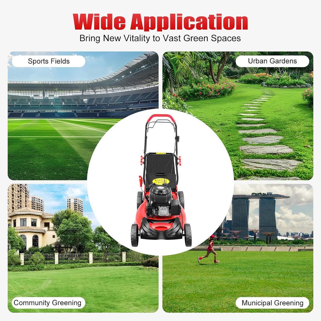 Self Propelled Gas Lawn Mower, 4-Stroke 140CC 5HP OHV Gasoline Lawn Mowers 3-in-1 Multifunctional Push Mowing Single Cylinder Mulching Lawnmower w/8 Gears Height Adjustments for Urban Gardens, Villas