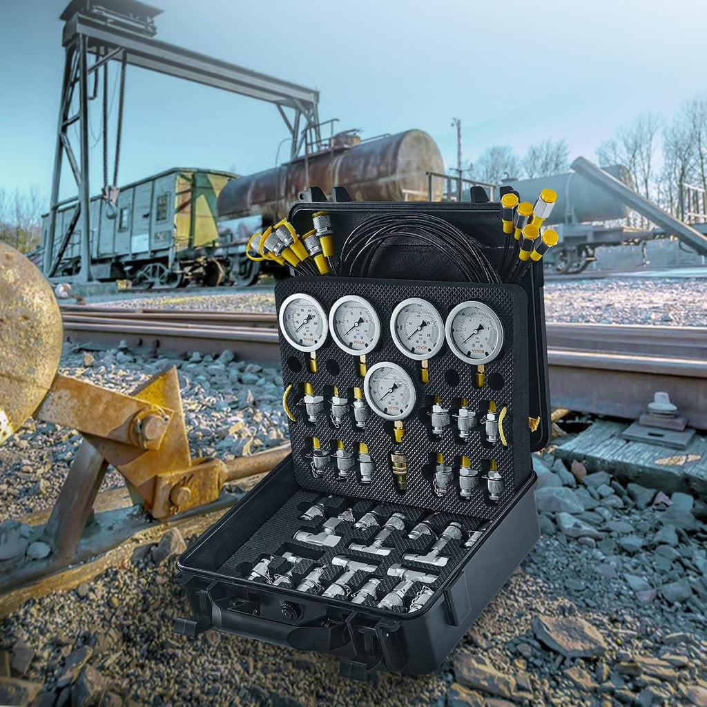 VEVOR Hydraulic Pressure Test Kit, 10/100/250/400/600bar, 5 Gauges 13 Test Couplings 14 Tee Connectors 5 Test Hoses, Hydraulic Gauge Kit with Sturdy Carrying Case, for Excavator Construction Machinery