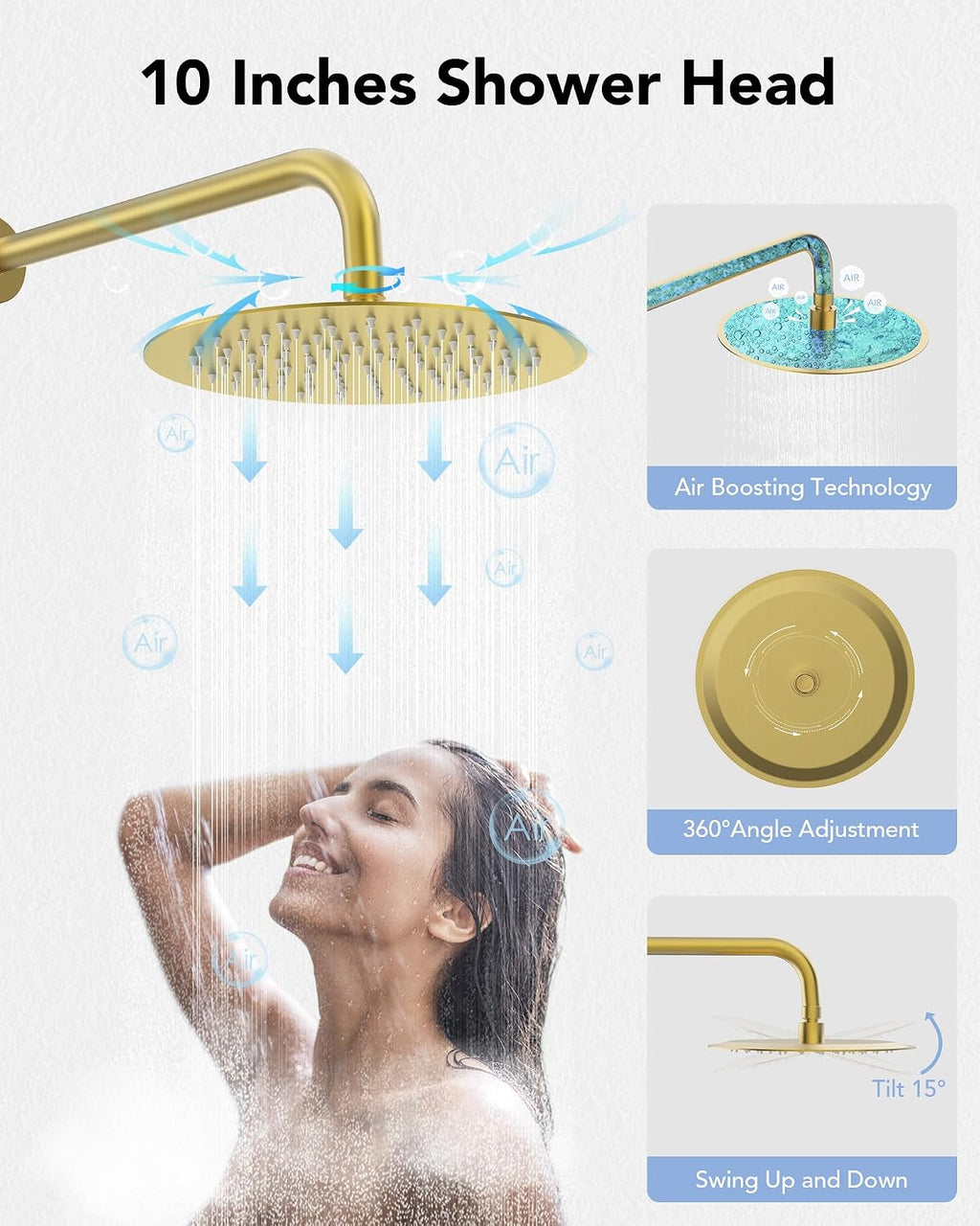 10' High-Pressure Rainfall Shower System with Handheld Spray, Wall Mount Bathroom Shower Faucet Set (Brushed Gold)