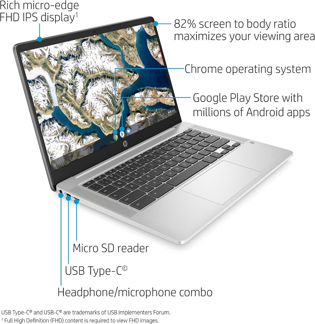 HP Chromebook 14-inch FHD Laptop, Intel Celeron N4000, 4 GB RAM, 32 GB eMMC, Chrome (14a-na0050nr, Mineral Silver)