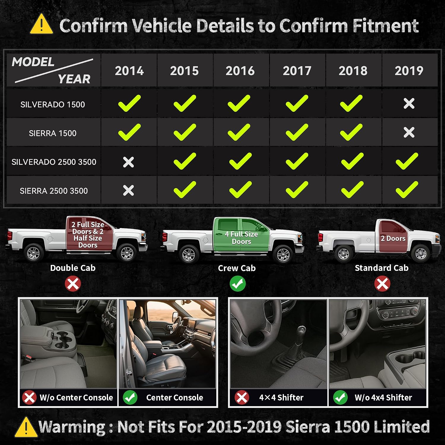 OEDRO Floor Mats Fits for 2014-2018 Chevy Silverado/GMC Sierra 1500 Crew Cab, 2015-2019 Silverado/Sierra 2500 HD/3500 HD Crew Cab, Black TPE All Weather 2 Row Floor Liner Set (Front & 2nd Seat)