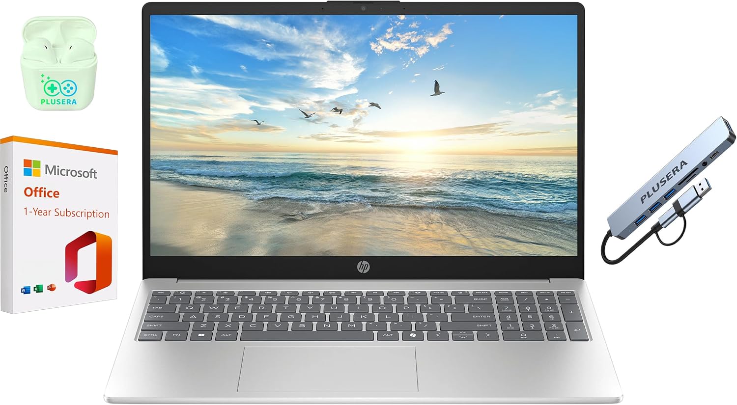 HP 15.6' Business Laptop with 1-Year Microsoft Office 365, 4GB RAM 128GB SSD, Quad-Cores Intel Processor, Windows 11, PLUSERA Earphones & 8-in-1 Hub Included, Natural Silver