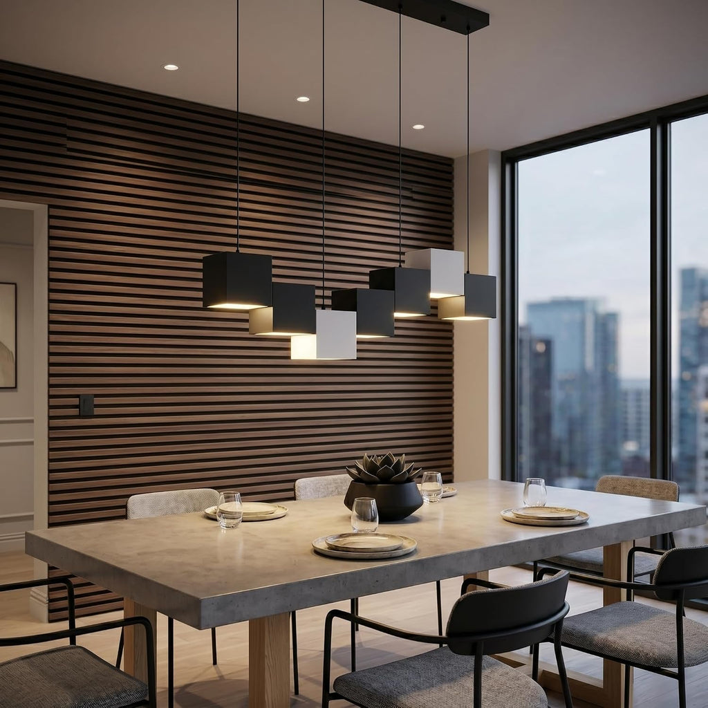 Morden Black and White Chandeliers for Dining Room Linear Chandelier Industrial Kitchen Island Lighting Square Ceiling Hanging Pendant Light for Living Room Bar CounterAbove Tea Room(7 Head)