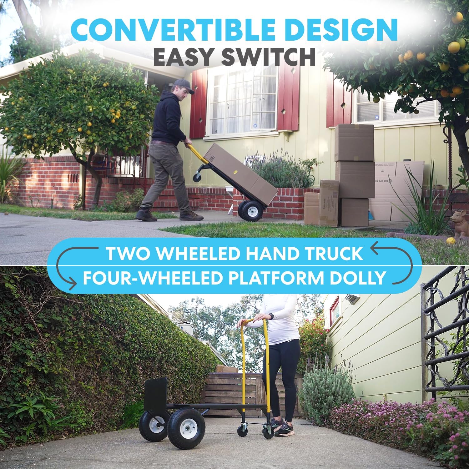 Simpli-Magic 2 in 1 Convertible Hand Truck and Dolly, 800LBS – Heavy-Duty Moving Dolly Cart with 10' Flat Free Rubber Wheels & Handle
