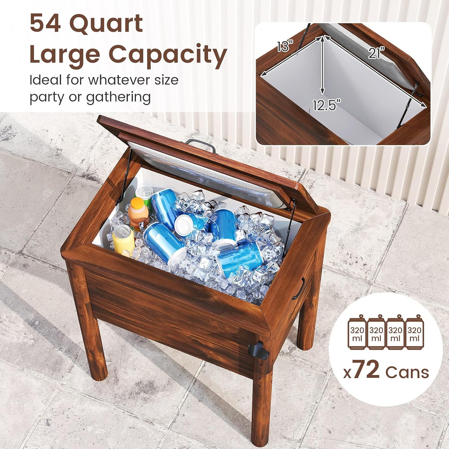 Moccha 54-Quart Wooden Patio Cooler - Outdoor Beverage Cooler w/Bottle Opener, 3-Layer Insulation, Drainage Cap, Pine Wood Ice Chest for Parties, Backyard, Poolside, Deck & BBQ Bar Drink