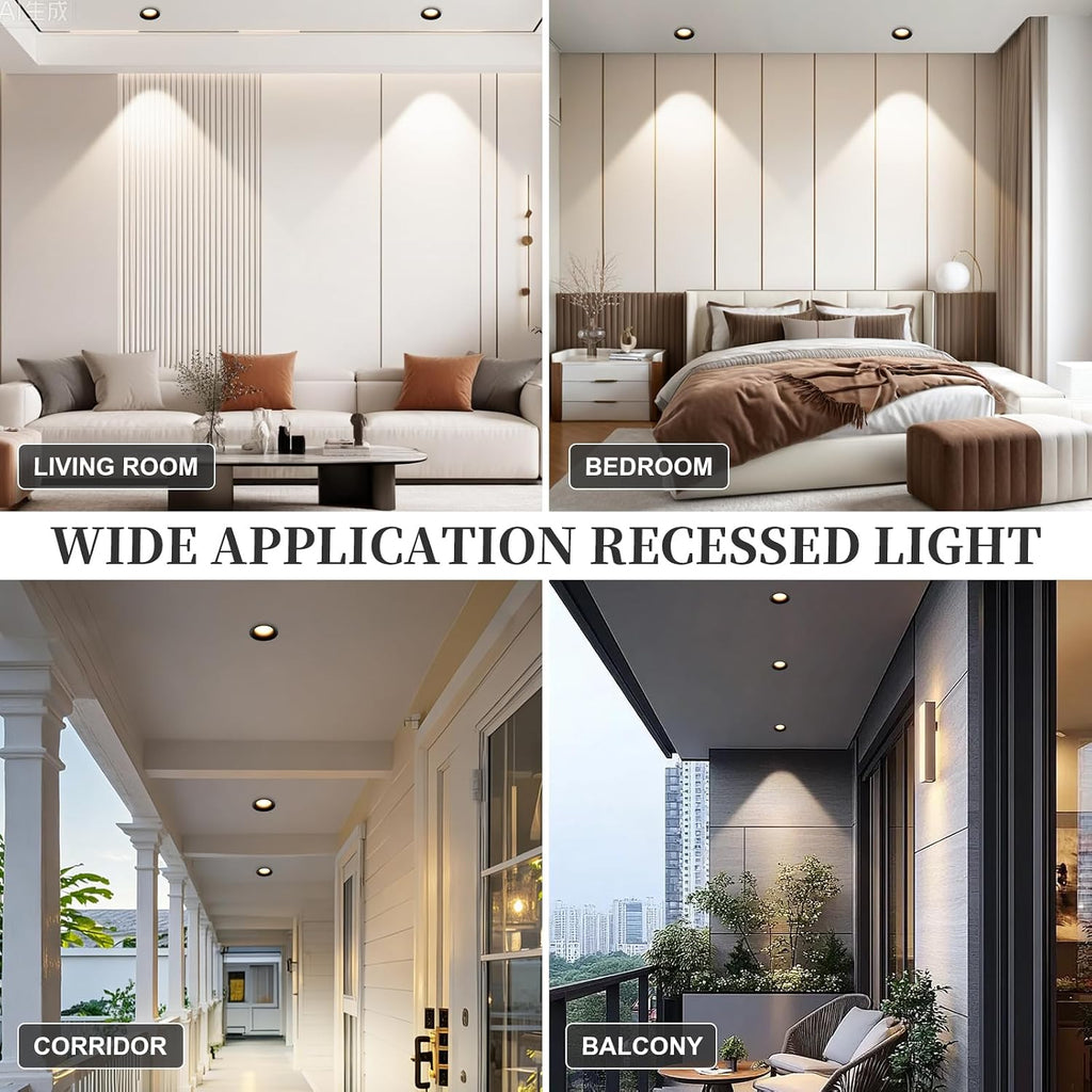 3 Inch Recessed LED Light, Dimmable Recessed Lights with J-Box, 3CCT Trimless Soffit Canless Light 3000-6000K Selectable, 12W 1300LM Black Recessed Lighting for Living Room,Kitchen (6 PCS)