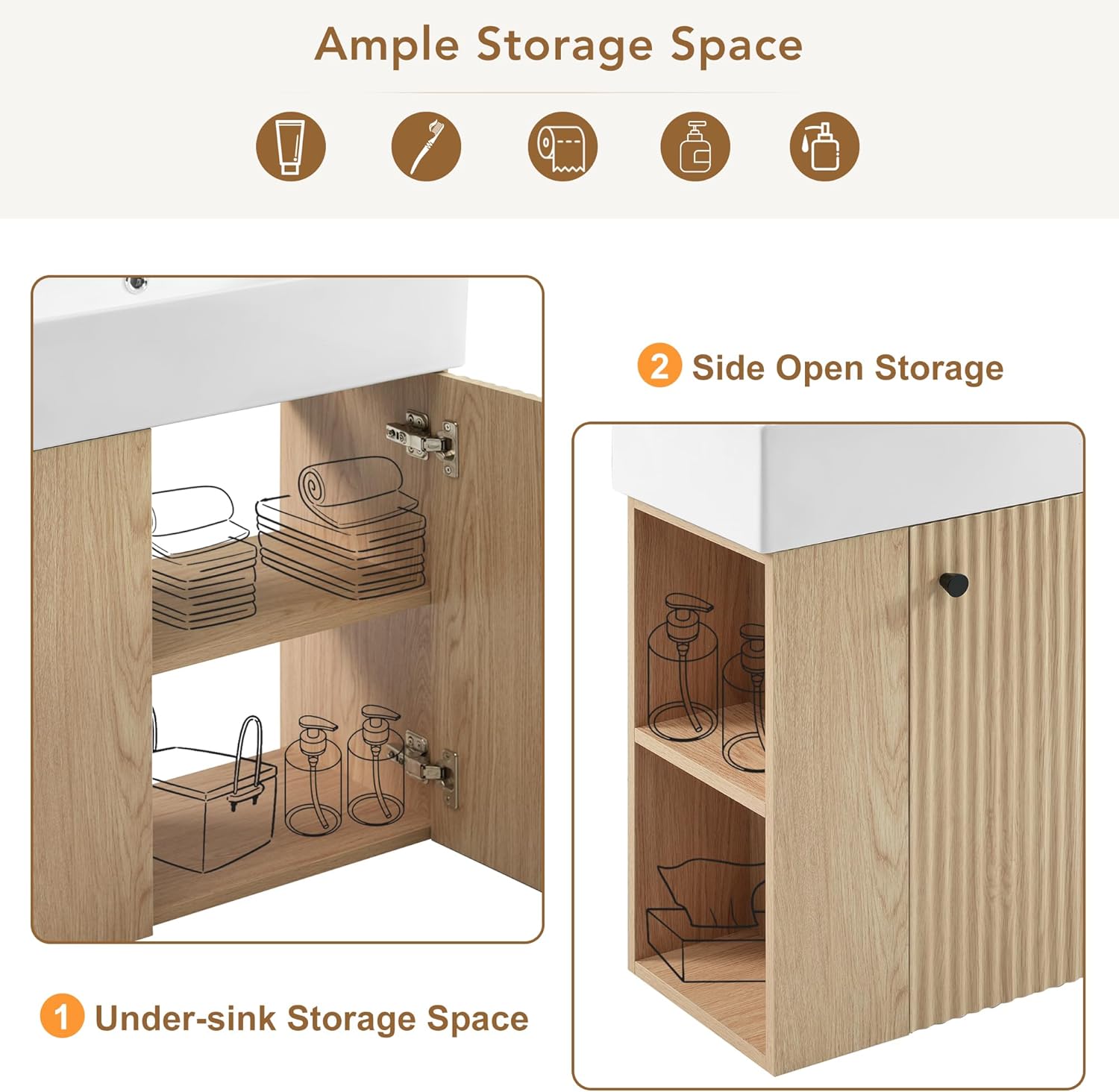 21.6-inch Bathroom Vanity with Sink Combo, Wall-Mounted Single Storage Cabinet with One Cabinet & Left 2-Tier Shelves, Wooden Vanity with Ceramic Basin for Bathroom, Wood
