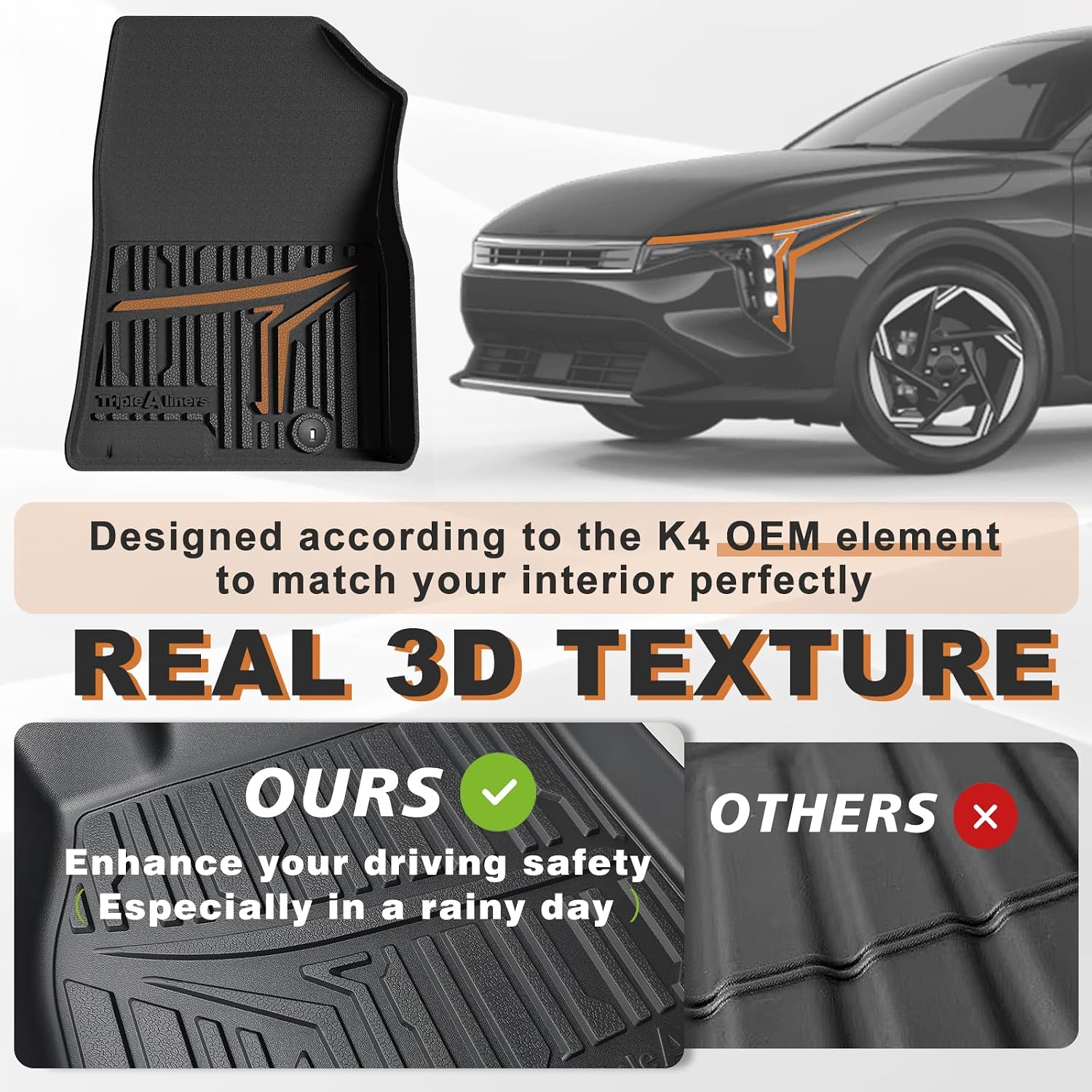 TripleAliners All Weather Floor Mats Compatible with 2024 2025 2026 KIA K4 Accessories 1st & 2nd Row Liners TPE Full Coverage Protection Waterproof Car Floor Liners