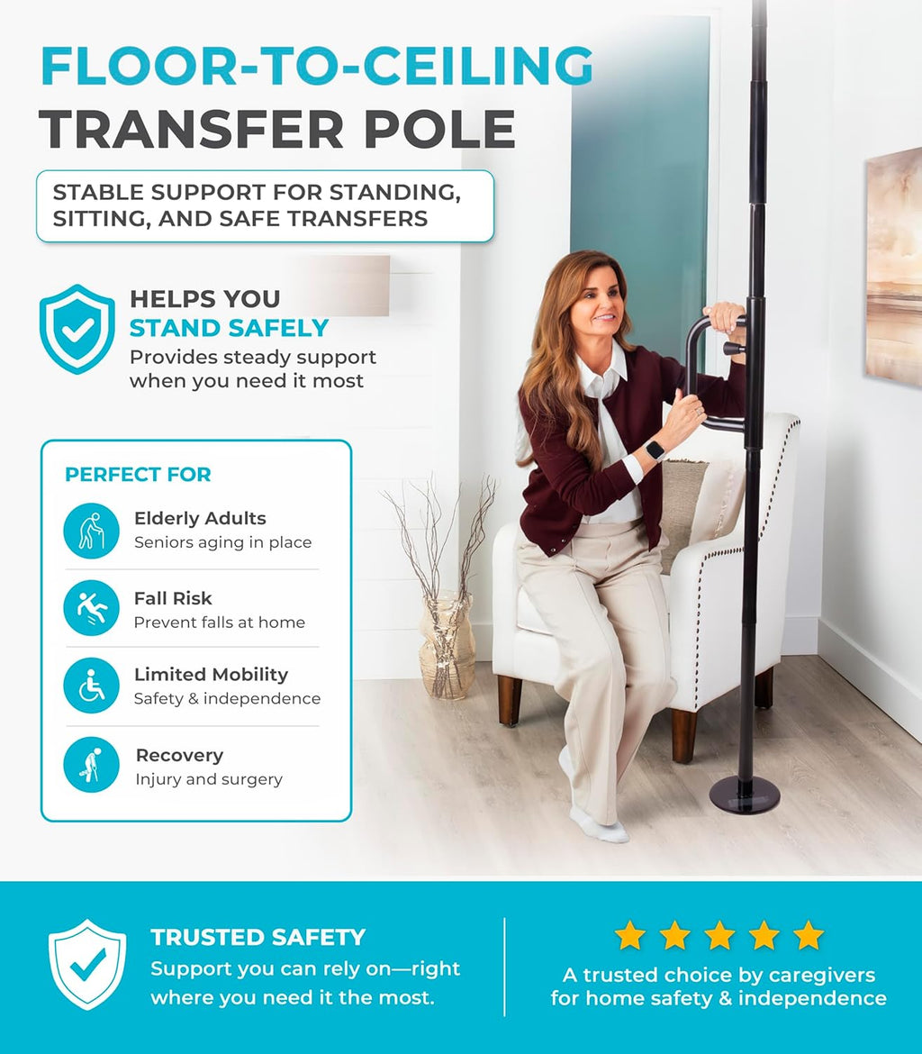 Stander Security Pole and Curve Grab Bar, Elderly Tension Mounted Floor to Ceiling Transfer Pole, Bathroom Safety Assist and Stability Rail, Metallic Black