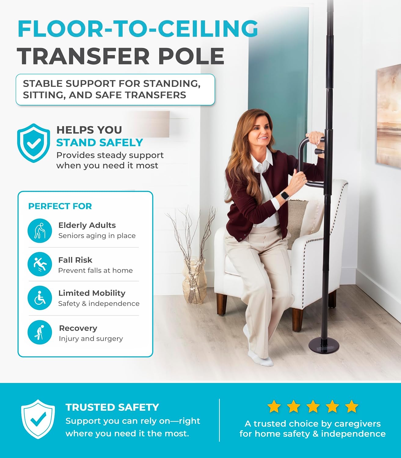 Stander Security Pole and Curve Grab Bar, Elderly Tension Mounted Floor to Ceiling Transfer Pole, Bathroom Safety Assist and Stability Rail, Metallic Black