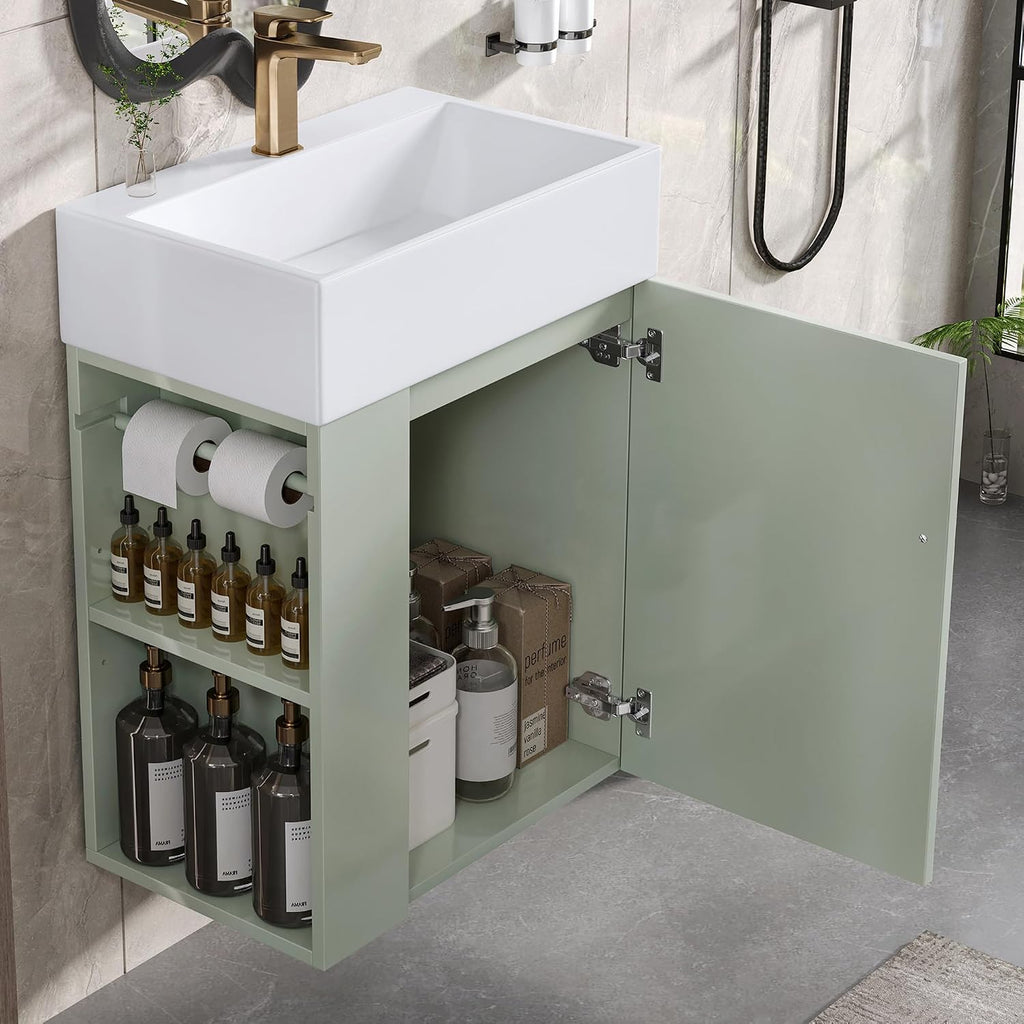 20-inch Bathroom Vanity with Sink Combo, Wall-Mounted Single Storage Cabinet with One Cabinet & Left 2-Tier Storage Shelves, Wooden Vanity with Ceramic Basin for Bathroom, Green