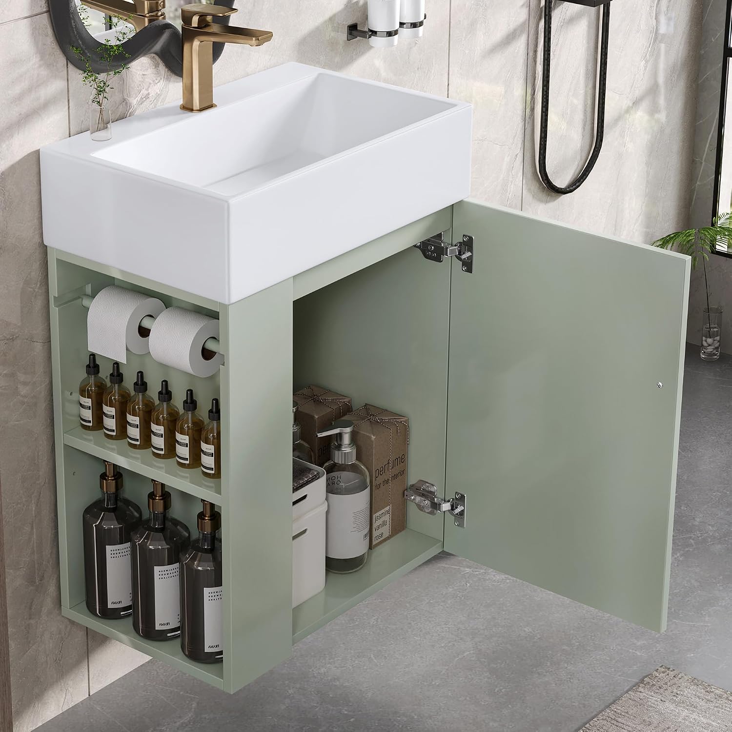 20-inch Bathroom Vanity with Sink Combo, Wall-Mounted Single Storage Cabinet with One Cabinet & Left 2-Tier Storage Shelves, Wooden Vanity with Ceramic Basin for Bathroom, Green