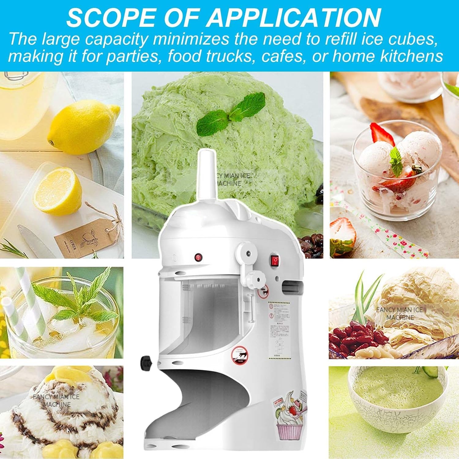 Large Capacity Ice Shaver Machine,Adjustable Thickness by Knobs,Automatic Snowflake Ice Maker,2400G Ice Bucket with Lid,White