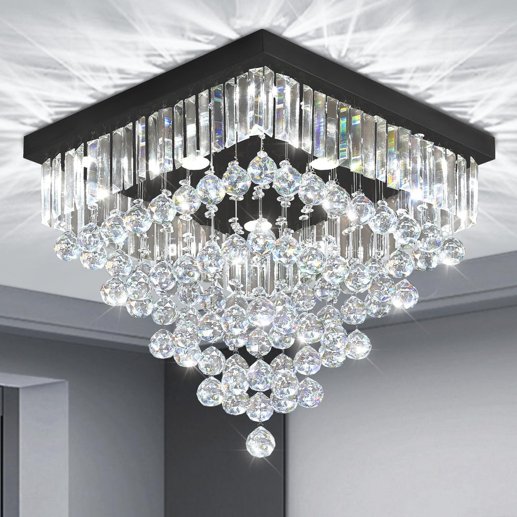 Luxury 20' Square K9 Crystal Flush Mount Chandelier, Modern Black 6-Light LED Ceiling Light, Dimmable Chandeliers Fixture for Dining Room, Living Room, Bedroom, Entryway