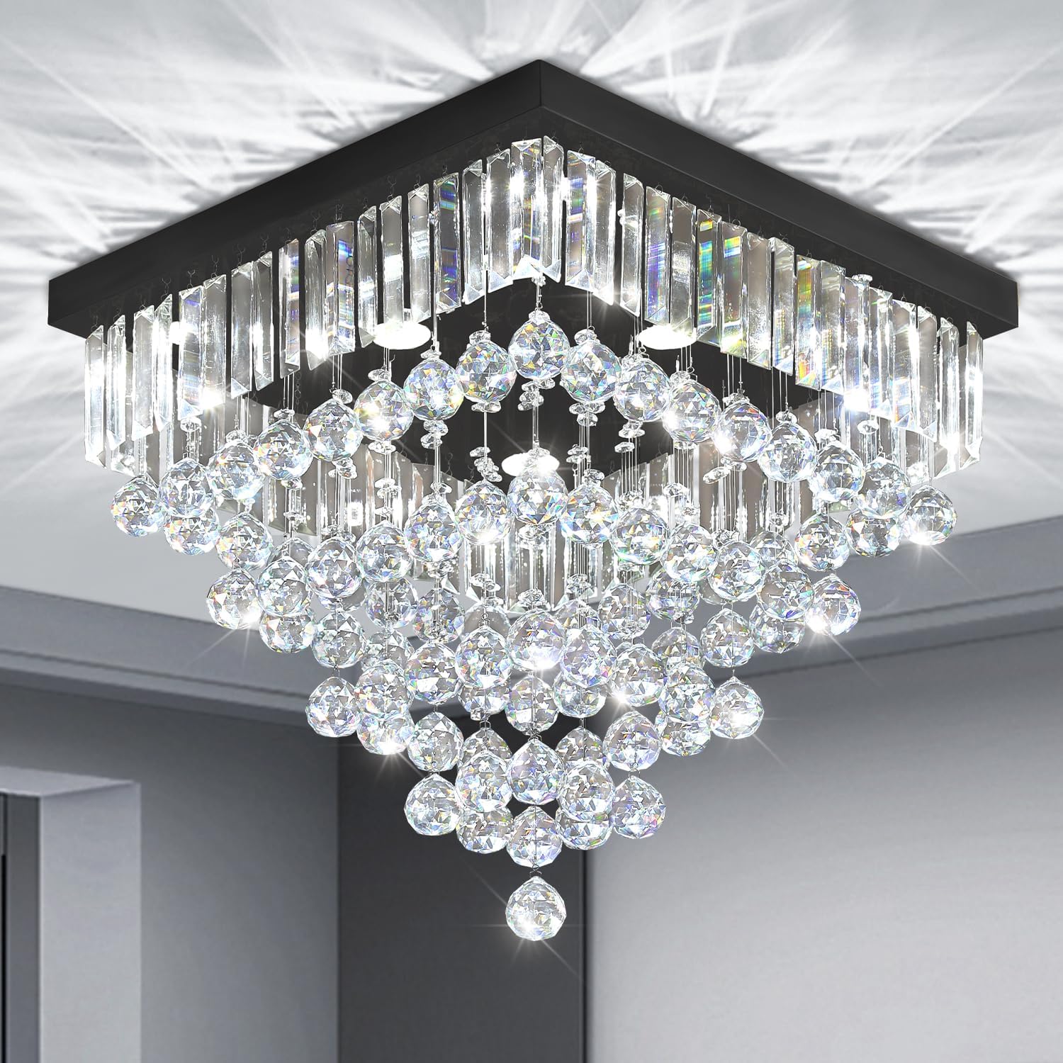 Luxury 20' Square K9 Crystal Flush Mount Chandelier, Modern Black 6-Light LED Ceiling Light, Dimmable Chandeliers Fixture for Dining Room, Living Room, Bedroom, Entryway