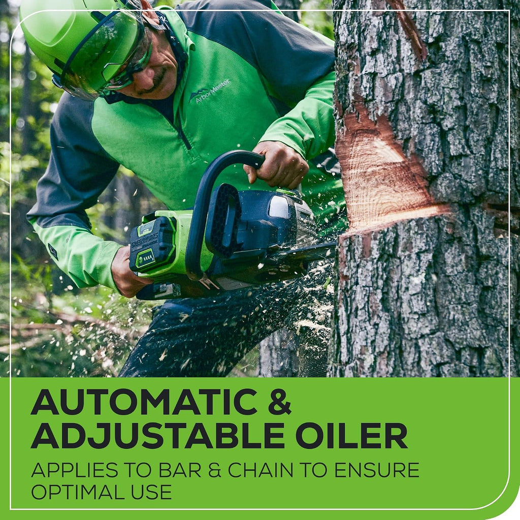 Greenworks 82V 20' Brushless (3.4 kW) Cordless Chainsaw (205 Cuts Per Charge), 4.0Ah Battery and Dual Port Rapid Charger (Great For Landscapers and Professionals)