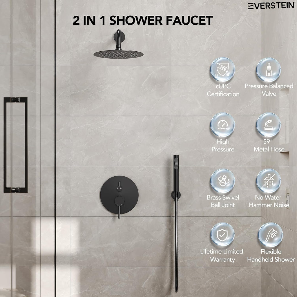 10' High-Pressure Rainfall Shower System with Handheld Spray, Wall Mount Bathroom Shower Faucet Set (Matte Black)