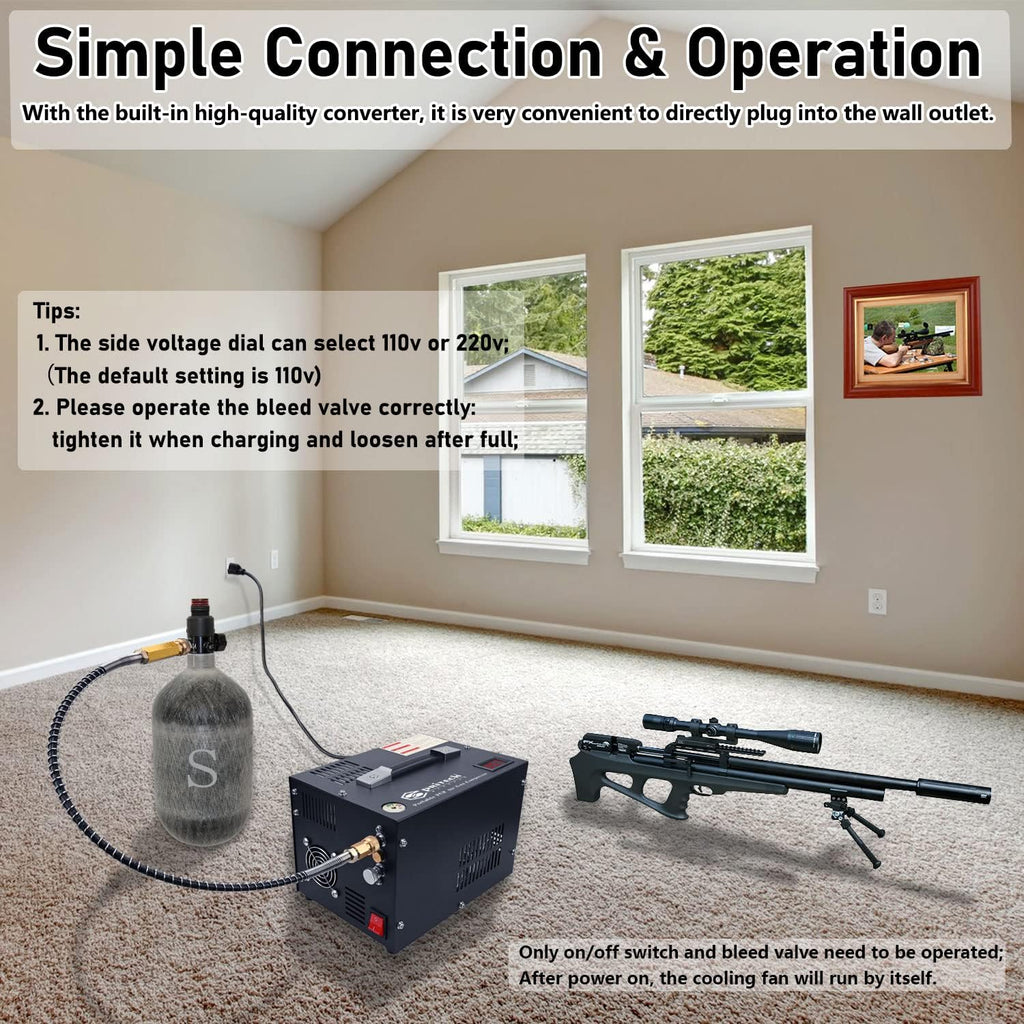 PCP Air Compressor,Built-in Power Converter,Portable 4500Psi/30Mpa,Water/Oil-Free,PCP Paintball Tank Air Pump, Powered by 12V Car DC or Home 110V AC with Oil-Moisture Filter