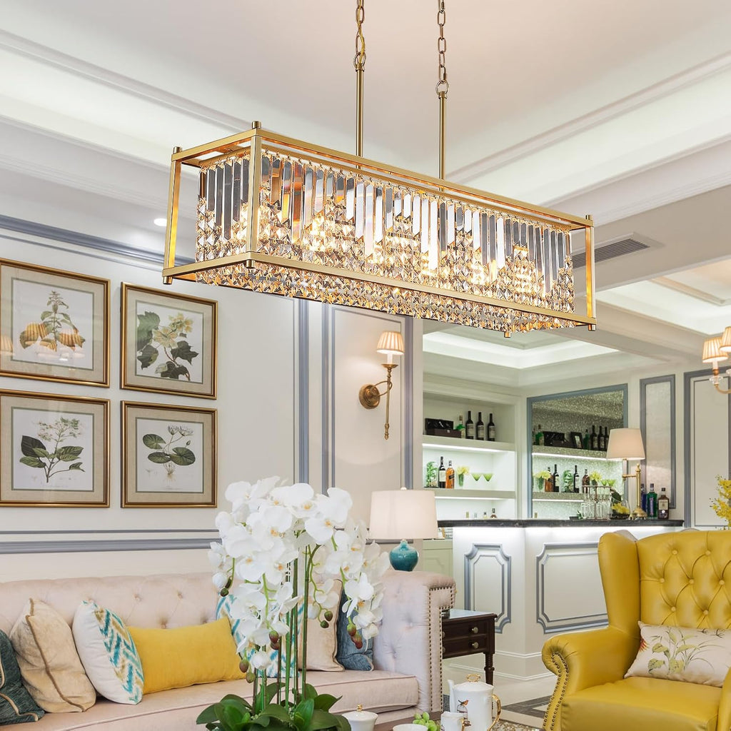 Q&S Modern Crystal Chandelier,Gold Rectangular Chandelier 6-Light,Luxury K9 Crystal Pendant Light for Dining Room Kitchen Island Bar Pool Table Hotel Office UL Listed