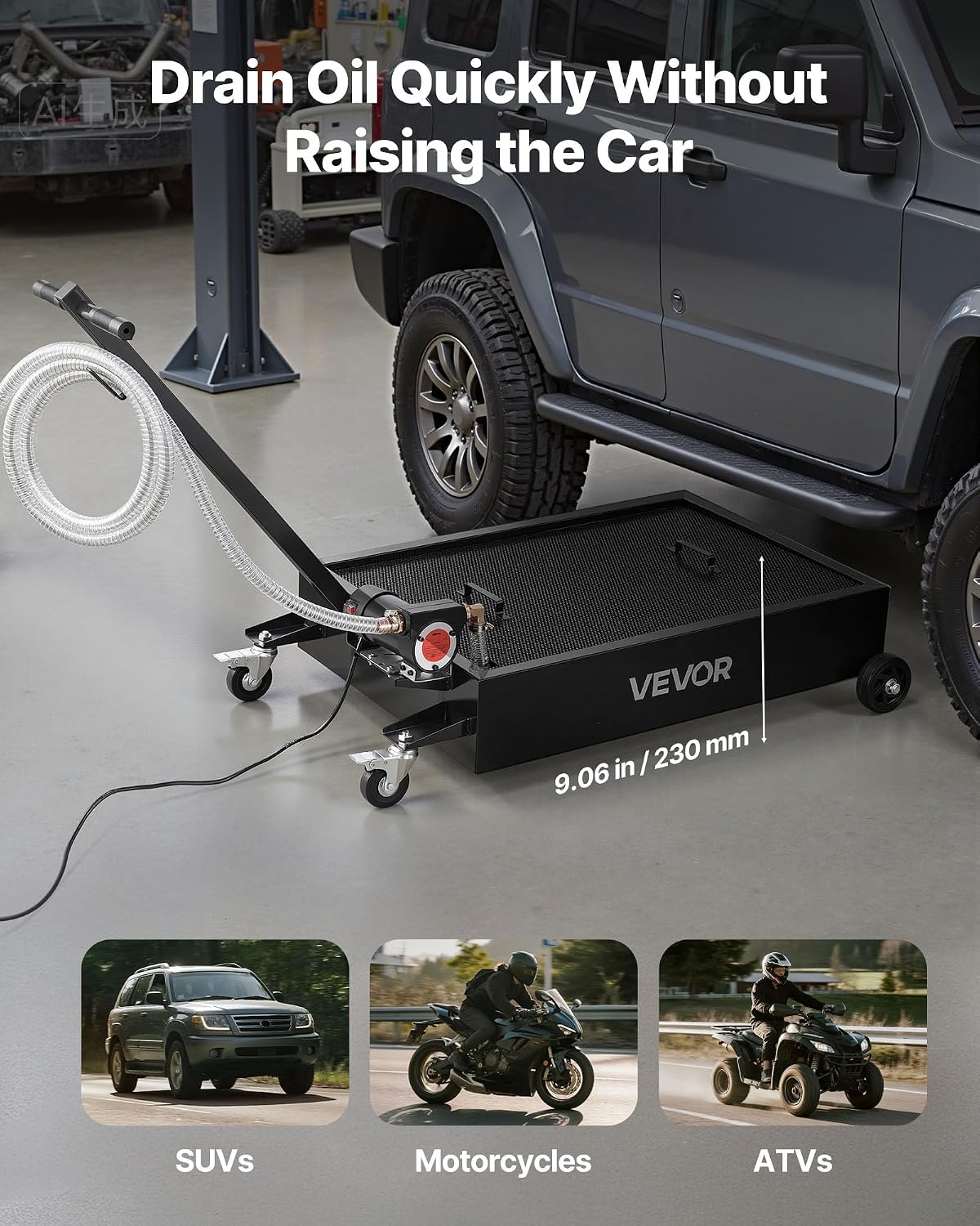 VEVOR Low Profile Oil Drain Pan, 15 Gallon Capacity, Rolling Oil Drain Pan with Electric Pump & 7.2 ft Hose, Leak-Proof & Corrosion-Resistant, Fit for Cars, SUVs, Trucks, Motorcycles, ATVs, Metal