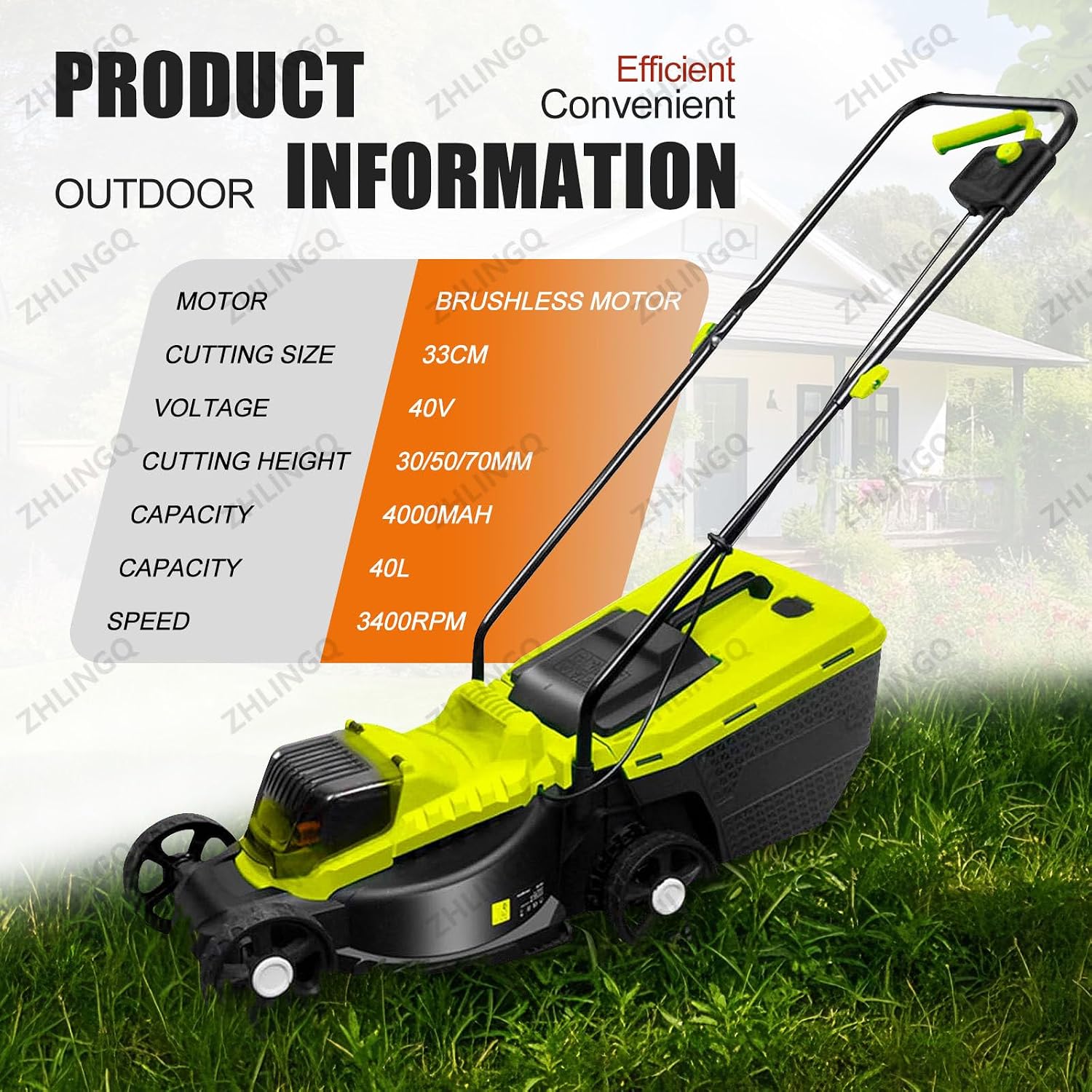 Push Lawn Mower, 1600W Ultra-Light Lawn Mower Battery Powered, Self Propelled Electric Lawn Mower, 50Min Runtime, 10.6 Gallon Grass Bag, 30mm/50mm/70mm-Position Height Adjustment,Battery*4