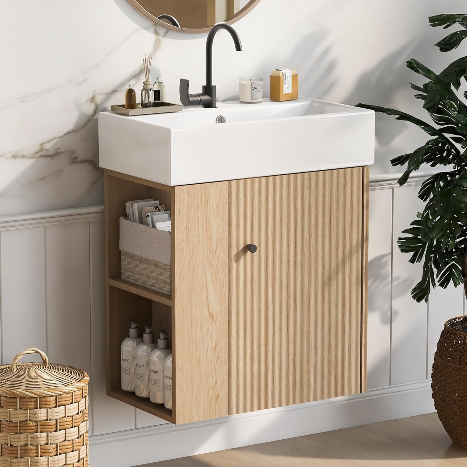 21.6-inch Bathroom Vanity with Sink Combo, Wall-Mounted Single Storage Cabinet with One Cabinet & Left 2-Tier Shelves, Wooden Vanity with Ceramic Basin for Bathroom, Wood