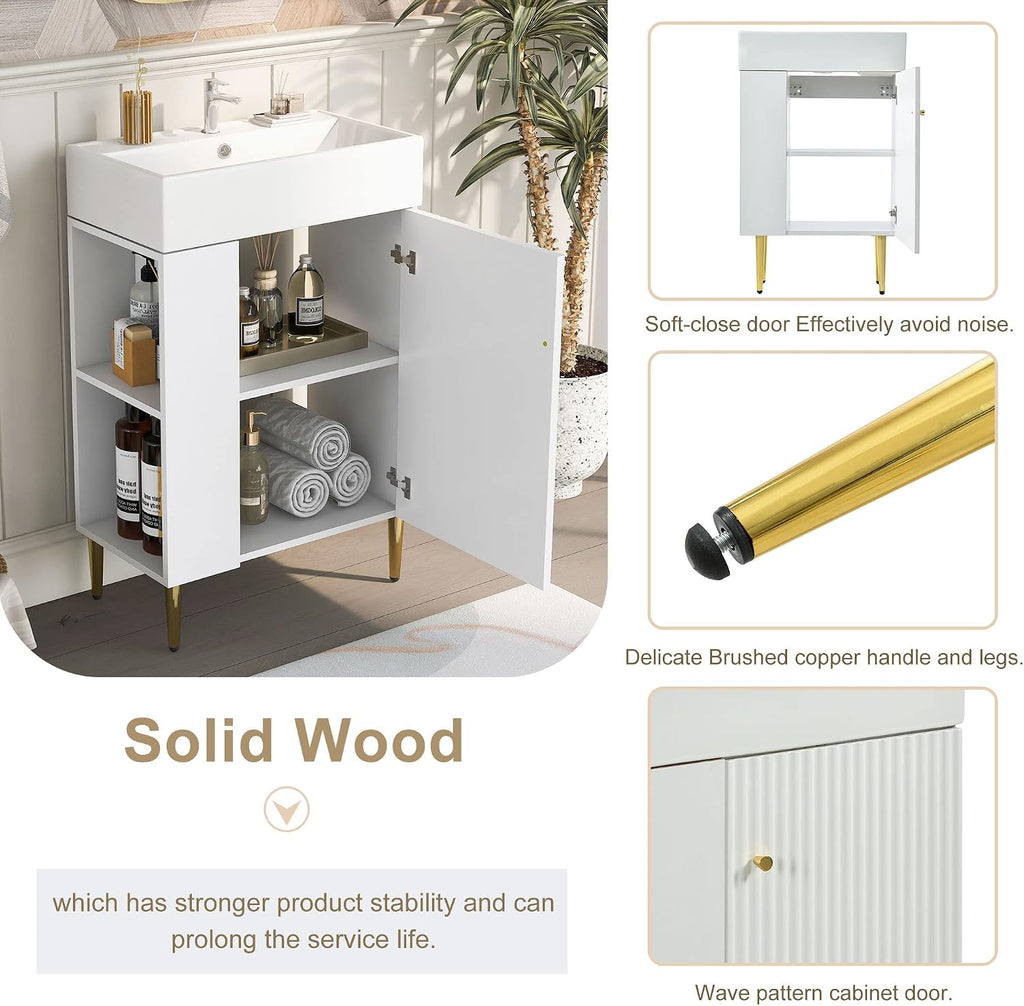21.6-Inch Bathroom Vanity with Sink, Free Standing Vanity Cabinet with Storage Cabinet & Left Two-Tier Shelf, Solid Wood Bath Organizer with Ceramic Sink for Bathroom, White