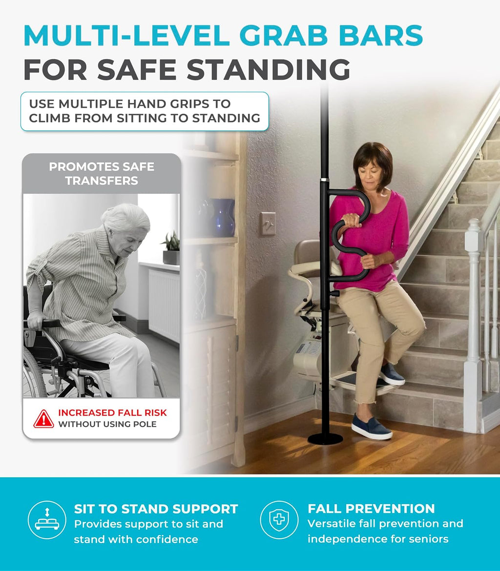 Stander Wonder Pole Plus with Rotating Double Grab Bar, Tension Mounted Security Pole for Seniors & Elderly Adults, No-Drill Floor to Ceiling Transfer Pole for Home & Bath Safety, Black