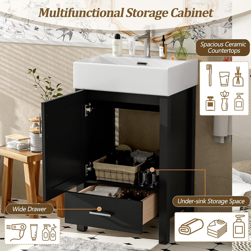 20-inch Bathroom Vanity with Sink Combo Set, Free Standing Single Storage Cabinet with Soft Closing Doors & One Drawer, Solid Wood Vanity Organizer with Ceramic Basin for Bathroom, Black