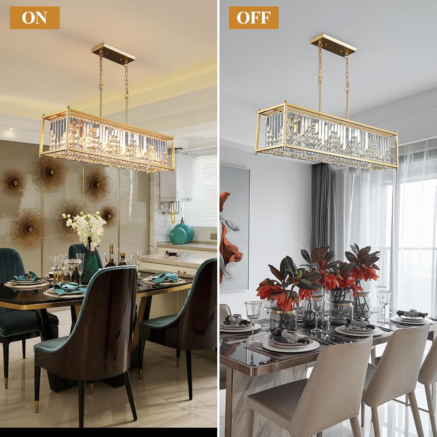 Q&S Modern Crystal Chandelier,Gold Rectangular Chandelier 6-Light,Luxury K9 Crystal Pendant Light for Dining Room Kitchen Island Bar Pool Table Hotel Office UL Listed