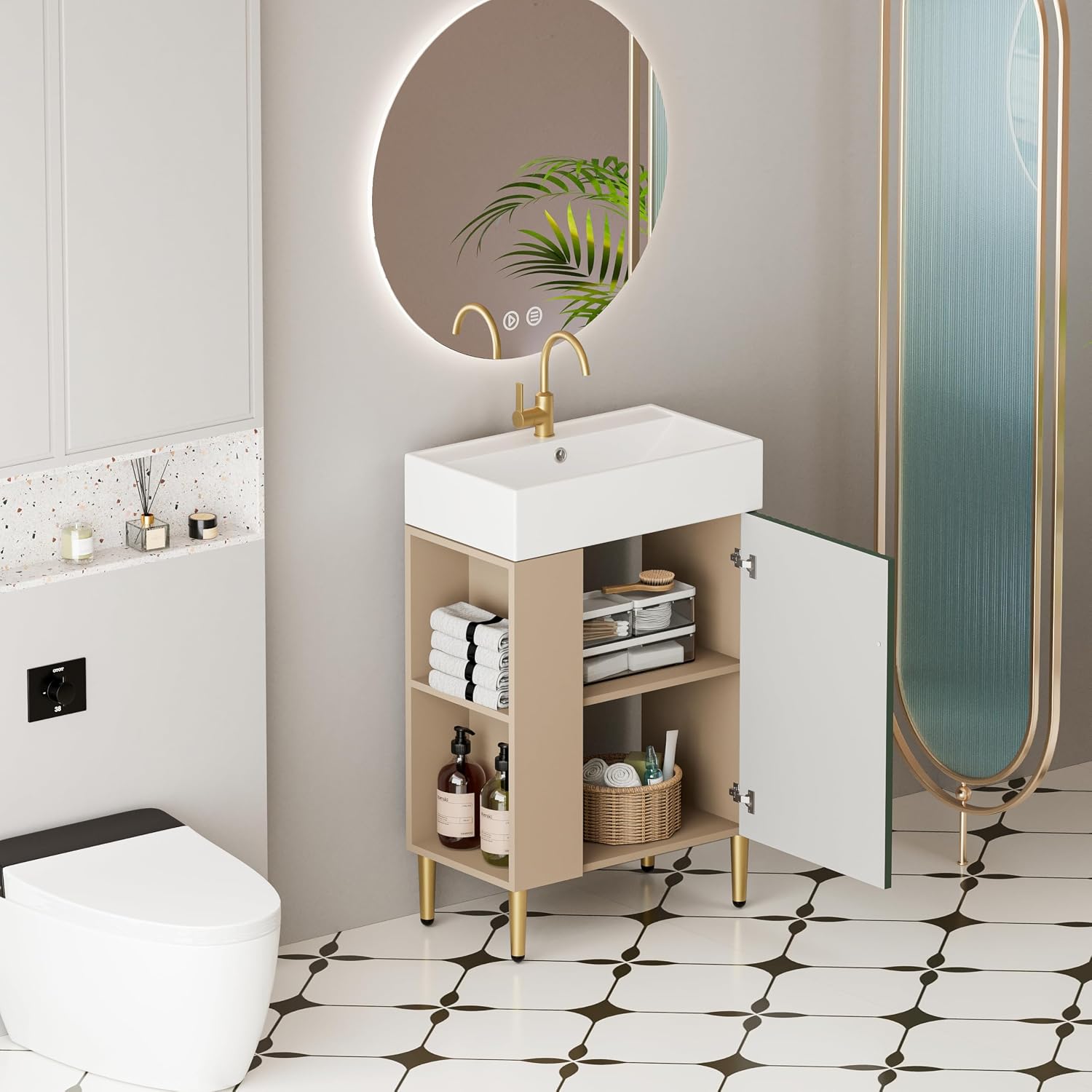 Merax 20 Inch Bathroom Vanity with Sink, Narrow Depth Bathroom Vanities,Wood Vanity Cabinet,Soft Closing Door,Freestanding Sink Cabinet W/Open Side Shelves, Dark Green