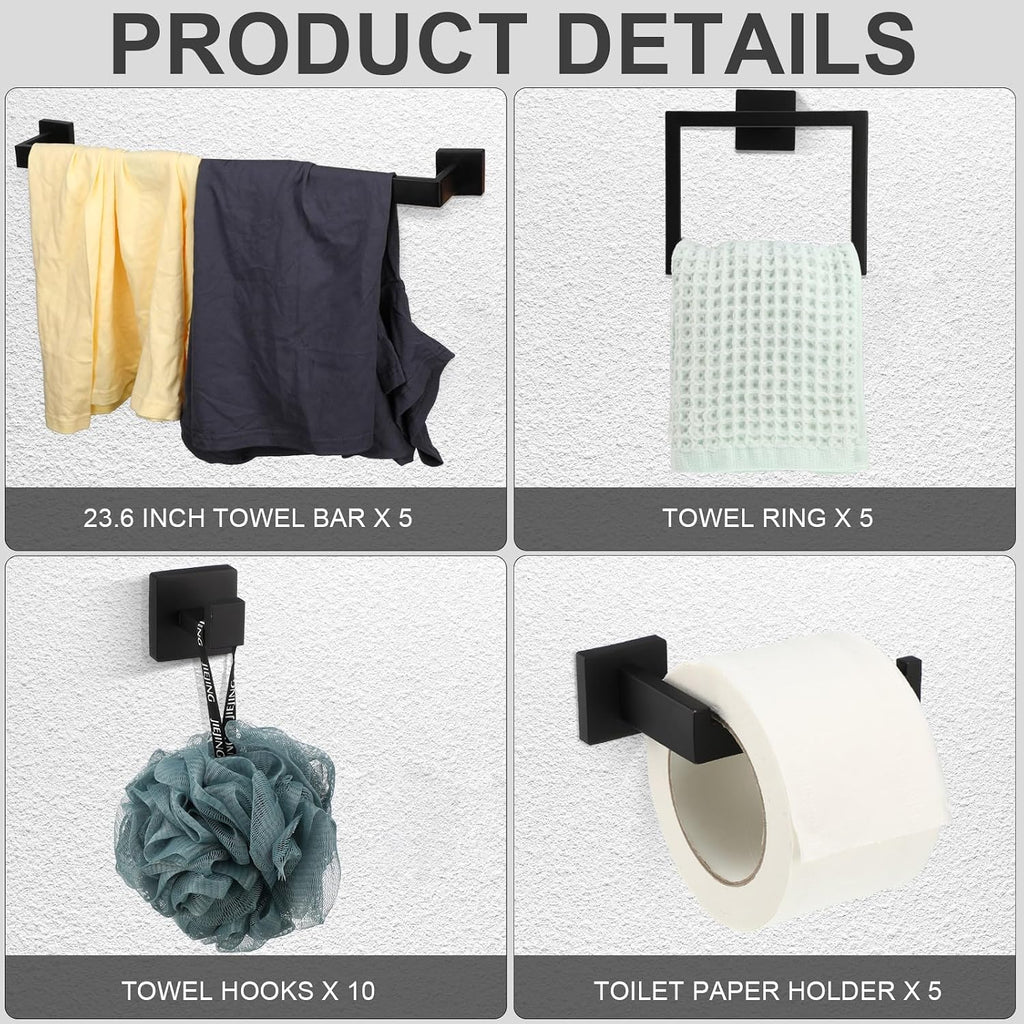 Gisafai 25 Pcs Black Bathroom Hardware Accessories Set 23.6 Inch Bath Towel Bar Kit Stainless Steel Bathroom Hardware Set Towel Racks Ring Robe Hooks Paper Holder for Wall Mounted