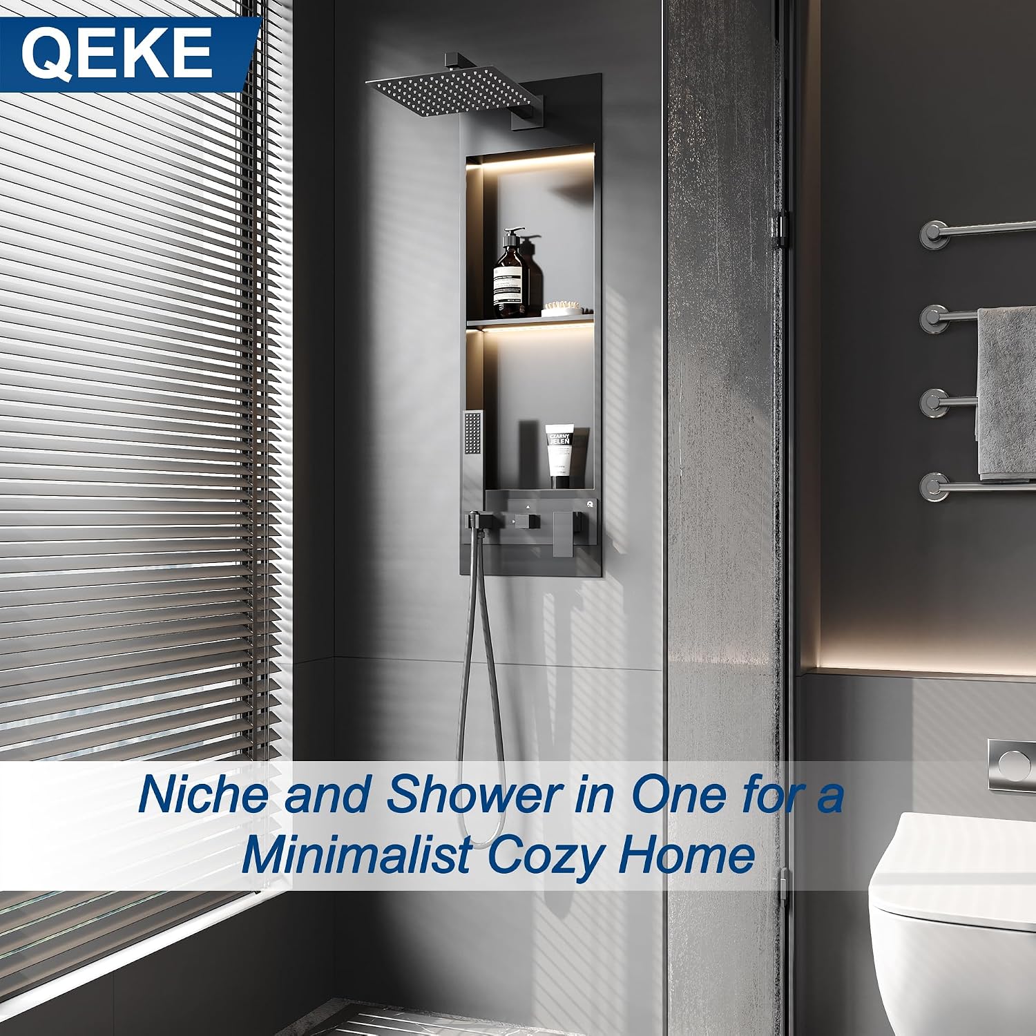 Qeke Integrated Shower Niche with Shower Head and Hand Shower, Stainless Steel Shower Tower System with Led Lights, 2-Tiers No Tile Needed Shower Niche for Bathroom in Gunmetal Black (Golden Shower)