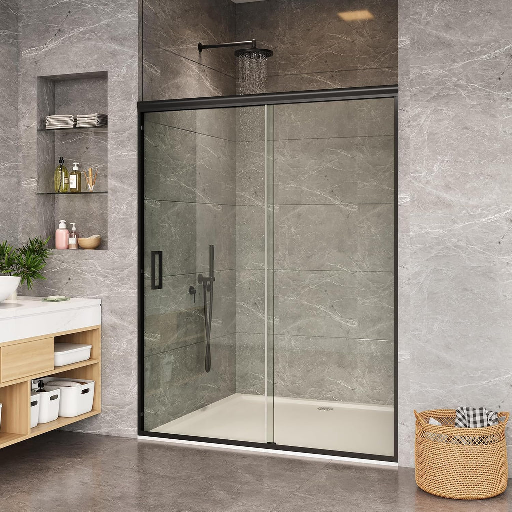Framed Sliding Shower Door 56–60 Inch W x 72 Inch H – Dual Sliding Tempered Glass Panels with Easy-Clean Coating, Matte Black Aluminum Frame, Modern Shower Enclosure for Main Bathroom