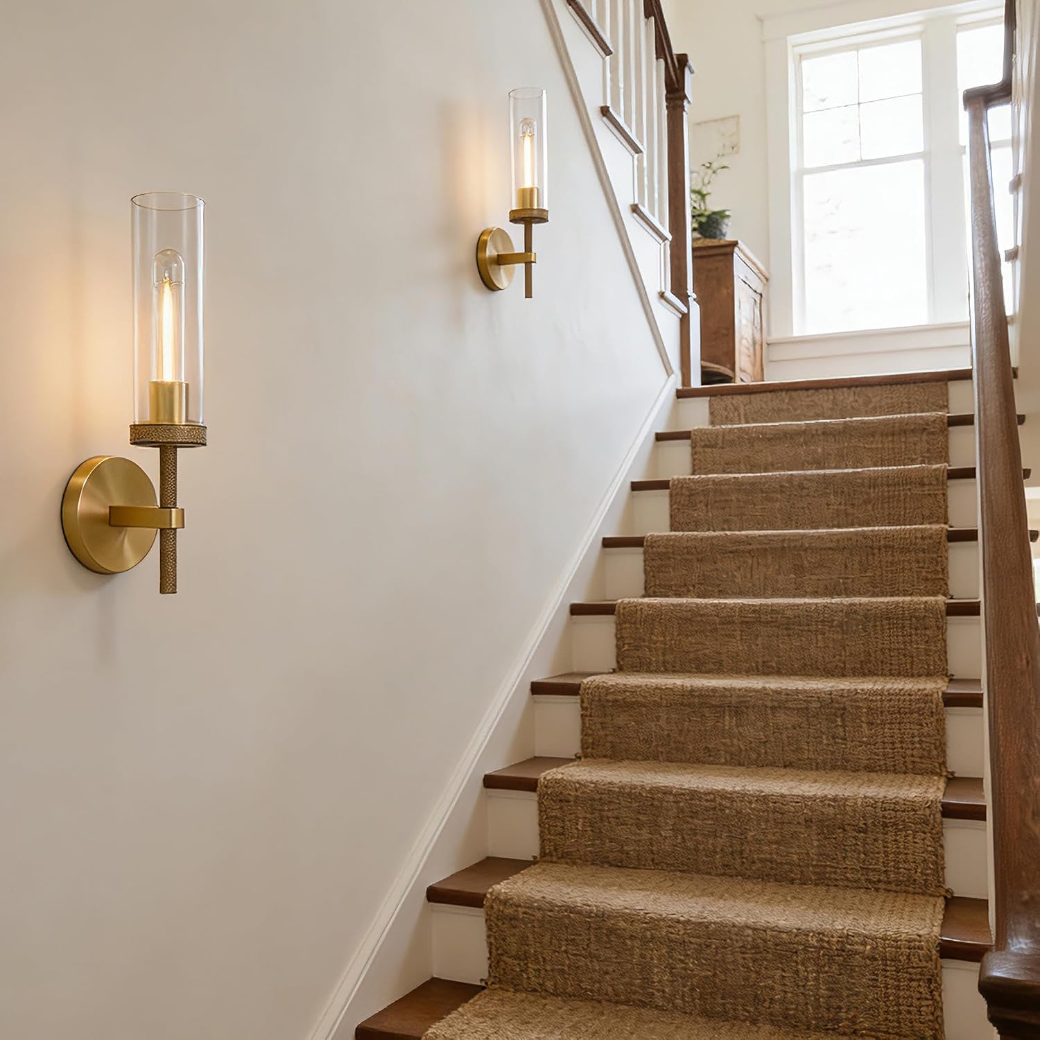 Knurled Wall Sconces Set of Two, Brass Wall Sconce Lights, 14' Gold Bathroom Wall Sconces, Glass Linear Sconce Wall Lighting, Vanity Lights Bathroom Light Fixture Wall Lights for Living Room