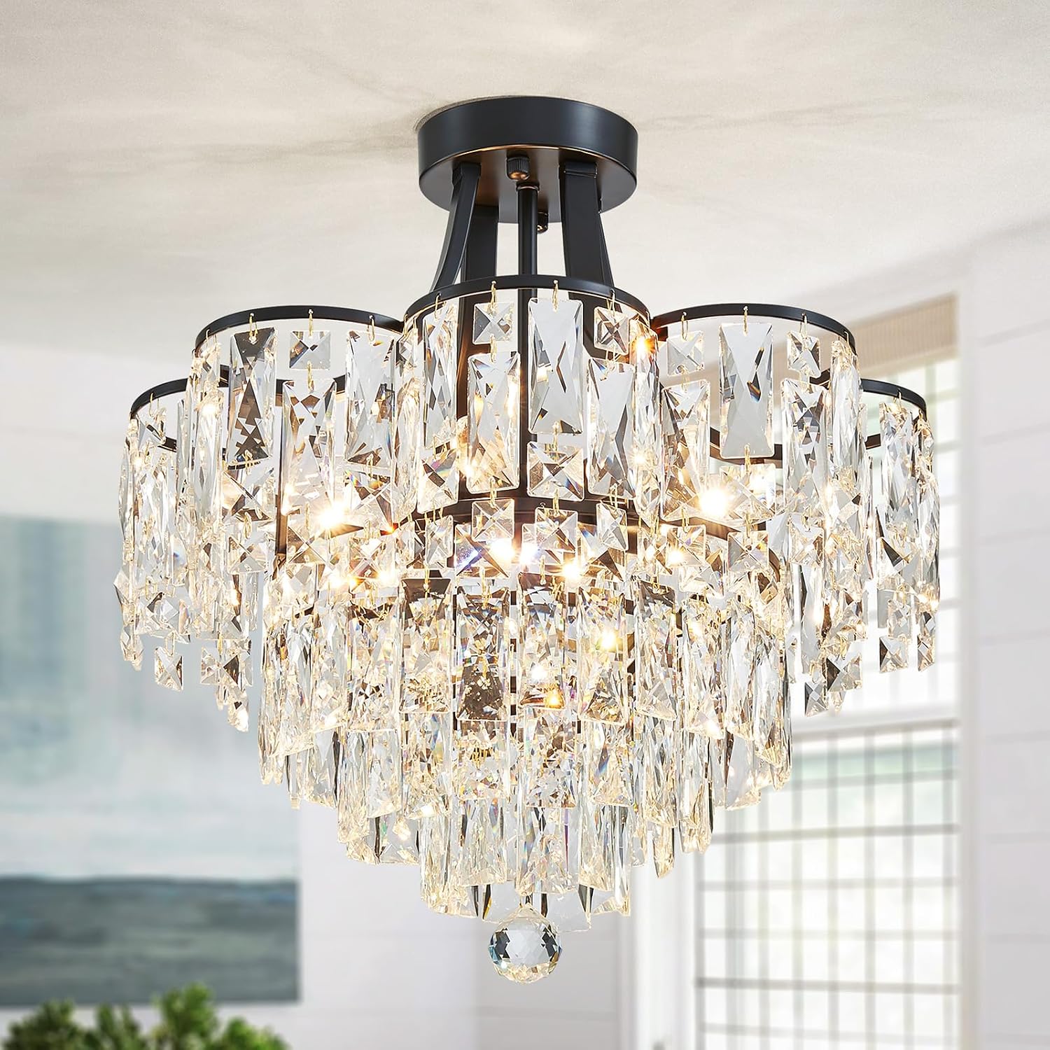 WUZUPS Crystal Chandelier Semi-Flushmount Ceiling Light Modern Lighting Fixture for Bedroom Hallway Entry Kitchen Bathroom, H 19.3' x W 18.3', E12 Base, Black