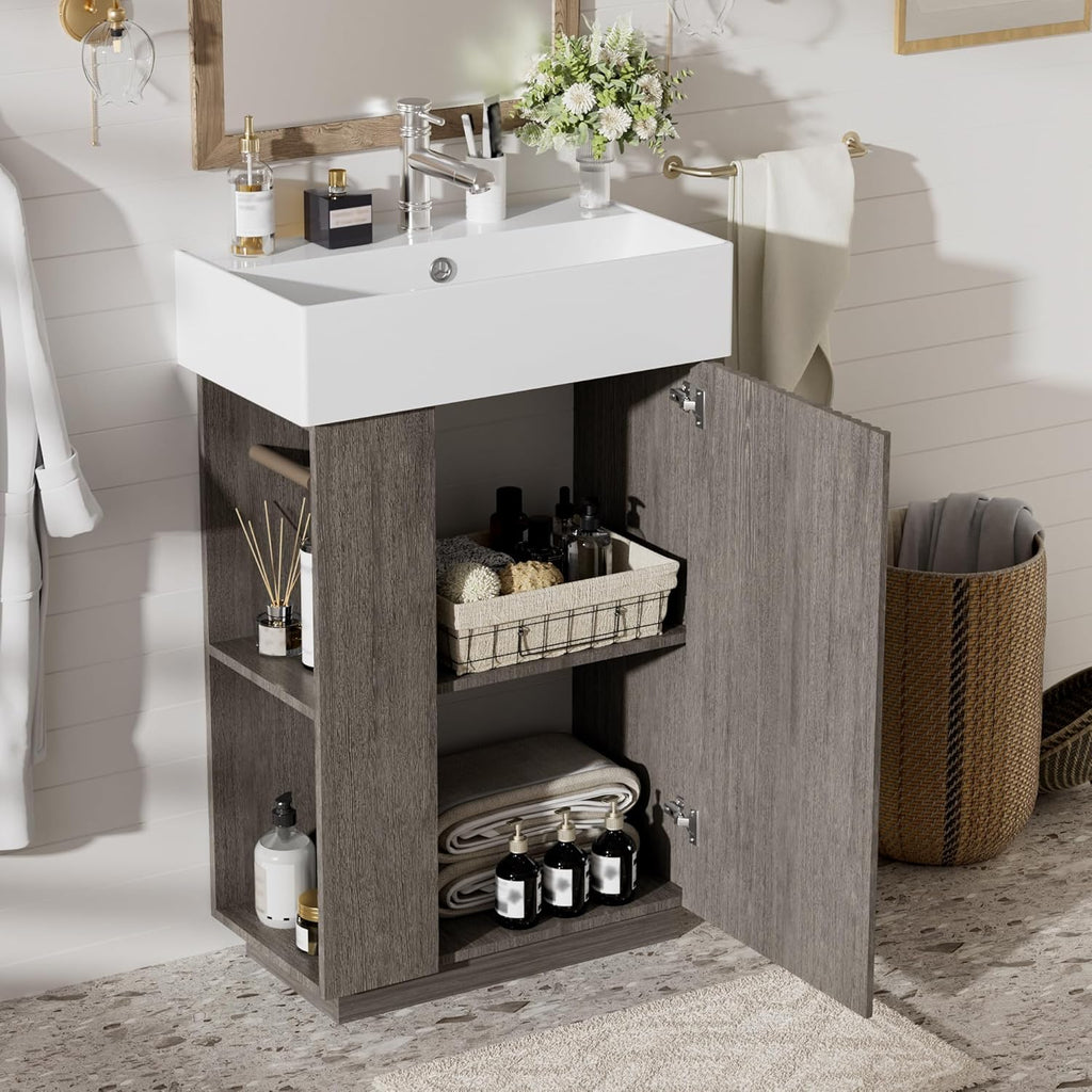 21.6-inch Bathroom Vanity with Reversible Sink, Free-Standing Single Storage Cabinet with One Right Door and Side Open Shelf, Vanity with Ceramic Basin for Bathroom (Wood)