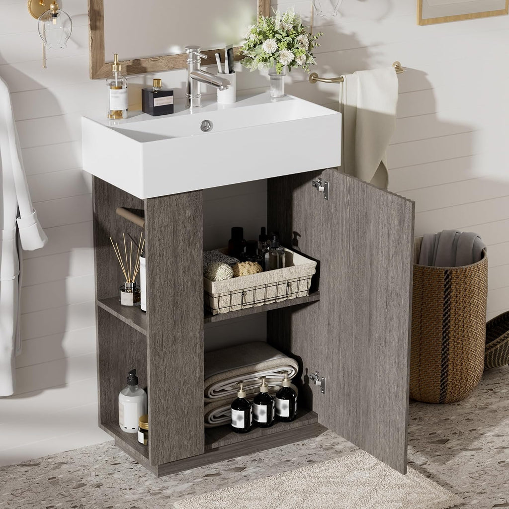 Merax Small Bathroom Vanity, Modern Floor Standing Bathroom Vanity with Sink, Ceramic Sink Vanity with Side Storage Shelves and Toilet Paper Holders, Dark Grey