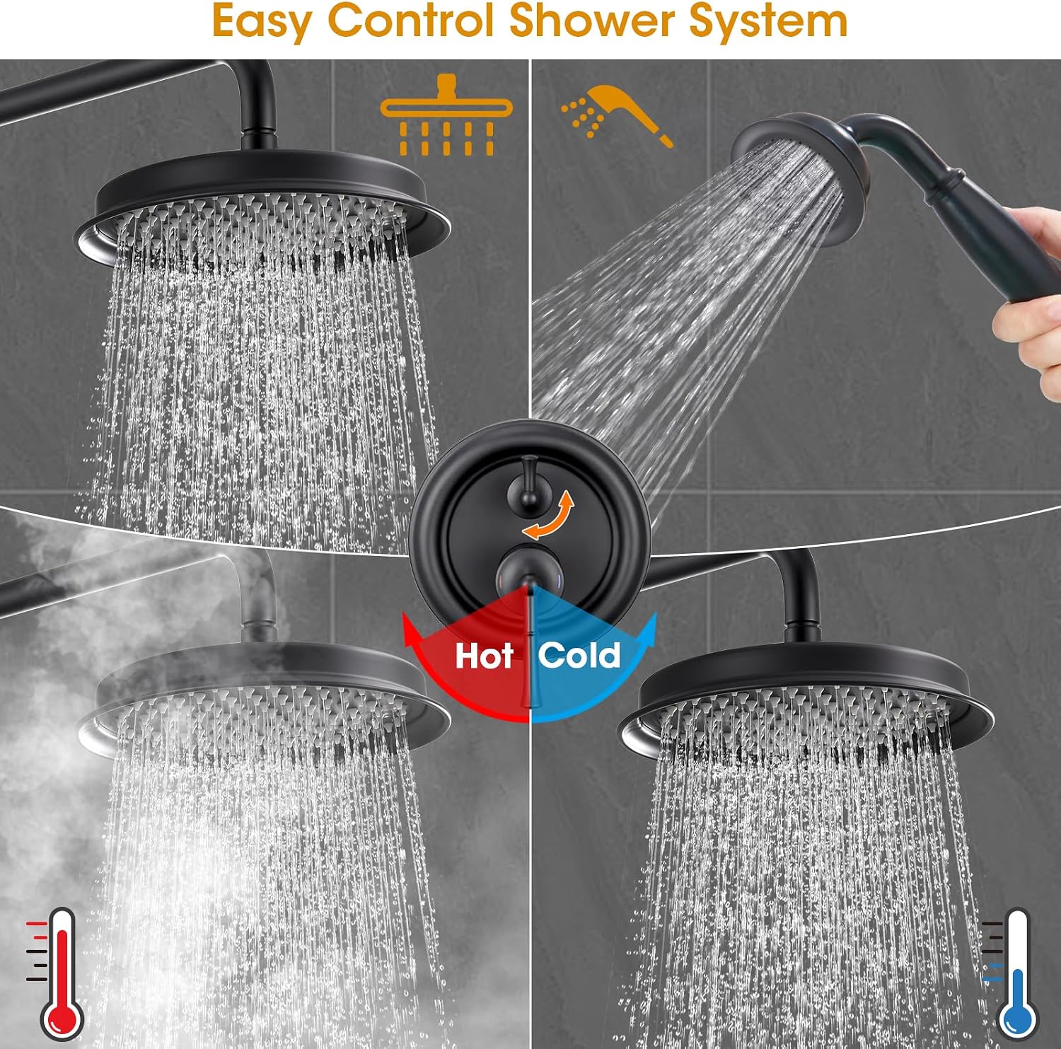 Antique Rain Shower Head with Handheld Spray, Matte Black Rain Shower System with Rough-in Balance Pressure Valve, 9 inch Bathroom Luxury Rain Fall Shower Head Wall Mount Round, (B2312-BK)