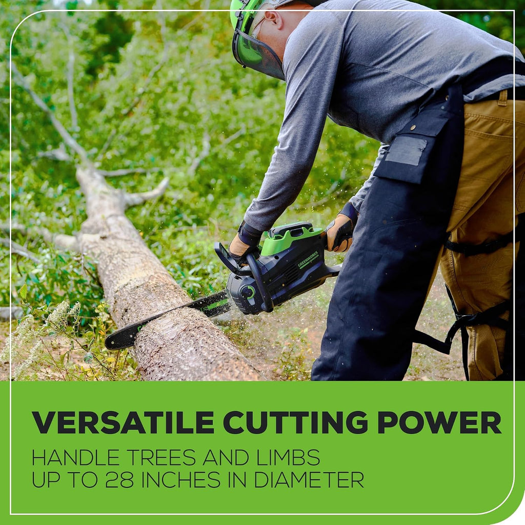 Greenworks 82V 16' Brushless (2.4 kW) Cordless Chainsaw (225 Cuts Per Charge), 4.0Ah Battery and Dual Port Rapid Charger (Great For Landscapers and Professionals