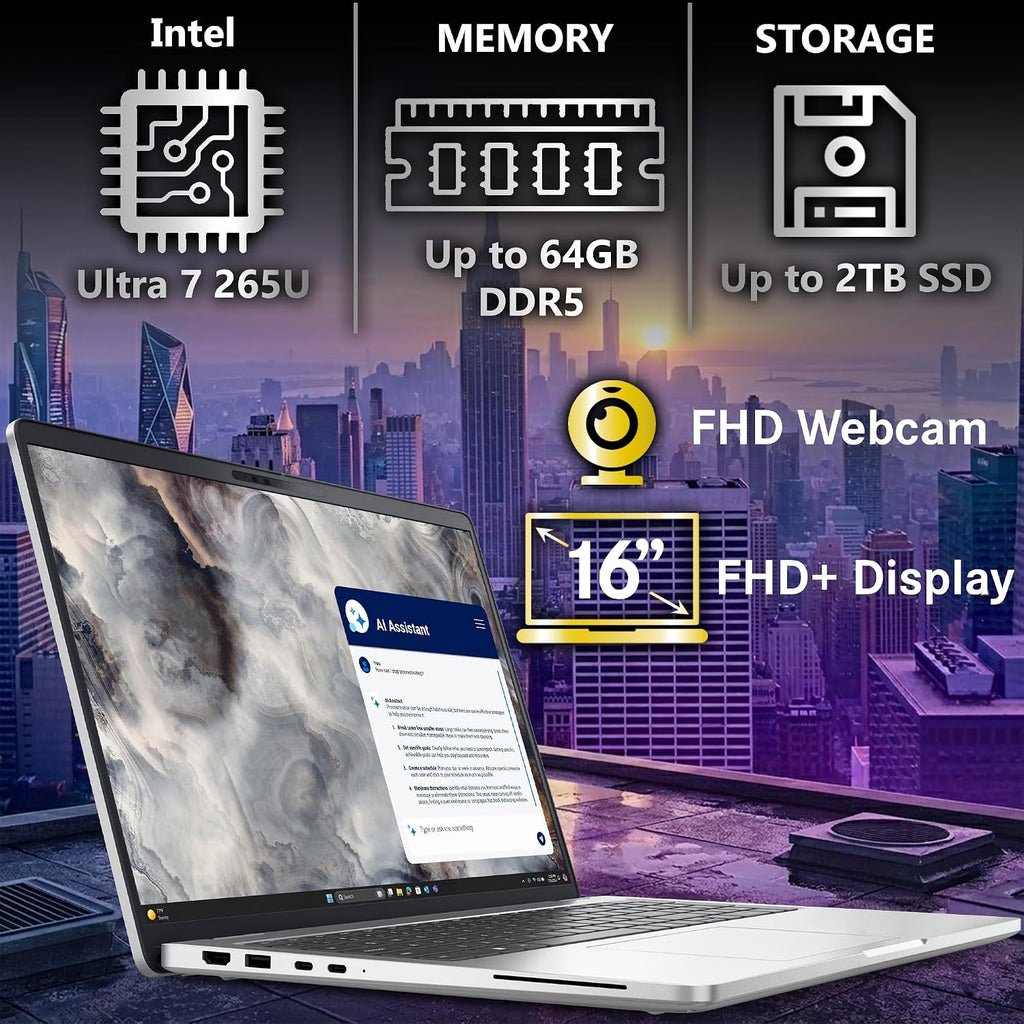 Dell Pro 16 Plus PB16250 Business Laptop 16' FHD+ Intel Ultra 7-265U, Oemgenuine Customized Laptop, 16GB / 32GB / 64GB RAM, 512GB / 1TB / 2TB SSD, Wi-Fi 6E, Backlit Keyboard, Webcam, RJ-45, Win 11 Pro