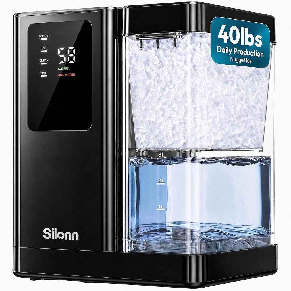 Silonn Countertop Nugget Ice Maker, 40 Lbs Daily Ice Production with 3L Removable Water Tank, Self-Cleaning Pebble Ice Machine, 12H Timer, Quiet 40 dB Operation for Home, Office & Parties