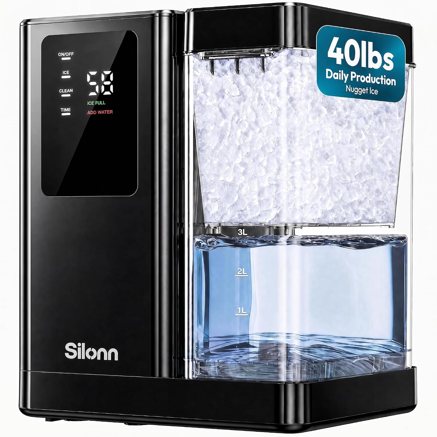 Silonn Countertop Nugget Ice Maker, 40 Lbs Daily Ice Production with 3L Removable Water Tank, Self-Cleaning Pebble Ice Machine, 12H Timer, Quiet 40 dB Operation for Home, Office & Parties