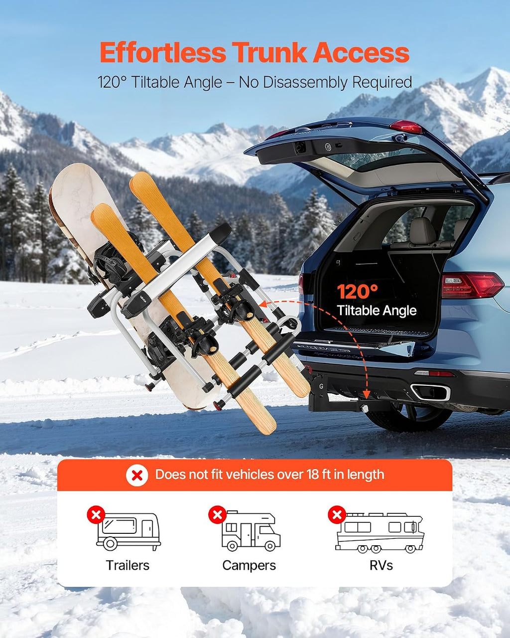 VEVOR Hitch Mounted Ski & Snowboard Rack, Fits 2-Inch Receiver, Carries up to 6 Pairs of Skis or 4 Snowboards, Hitch-Mounted Rack for Car with Key Lock, Security Strap, Tilt Access, Rubber Padding