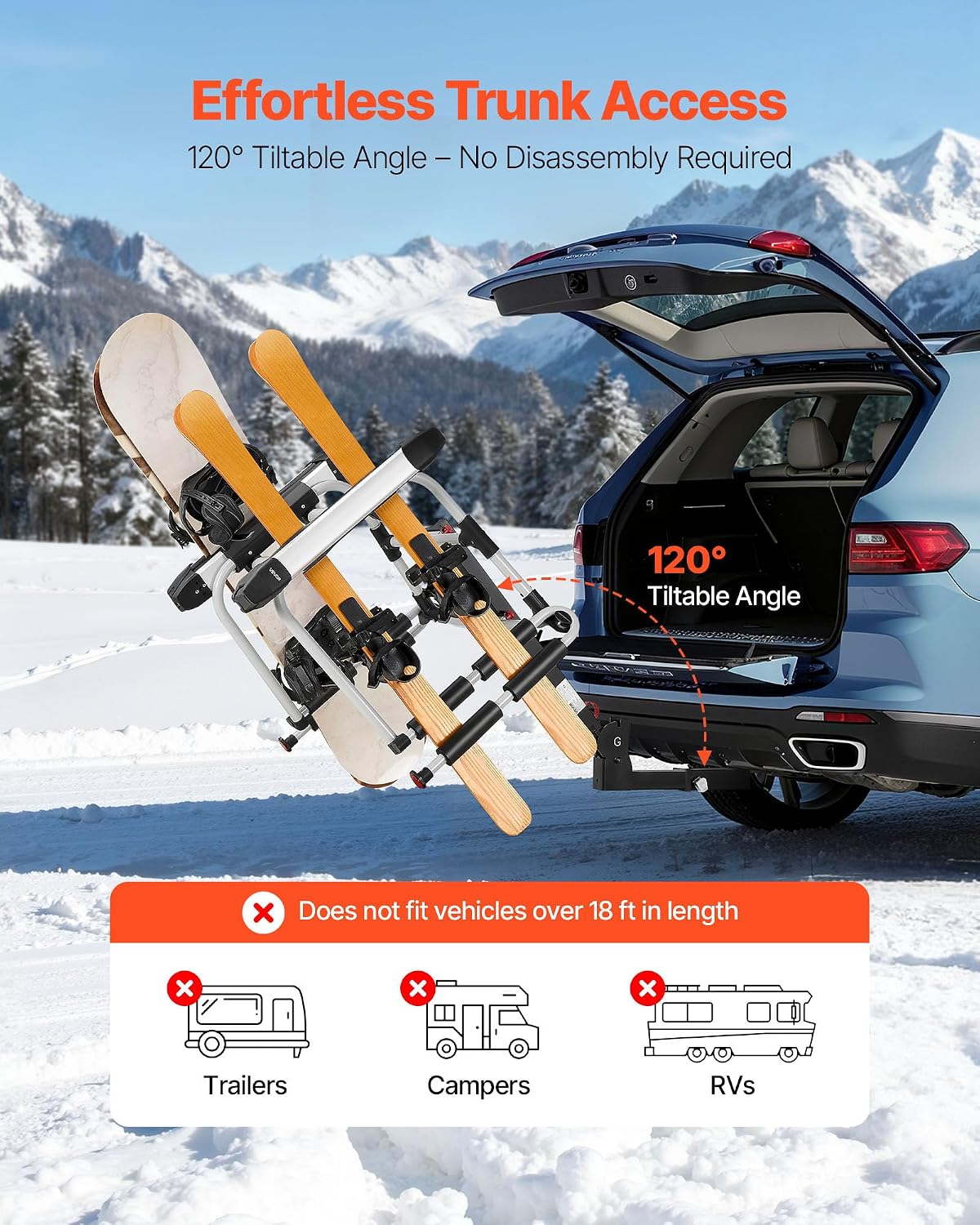 VEVOR Hitch Mounted Ski & Snowboard Rack, Fits 2-Inch Receiver, Carries up to 6 Pairs of Skis or 4 Snowboards, Hitch-Mounted Rack for Car with Key Lock, Security Strap, Tilt Access, Rubber Padding
