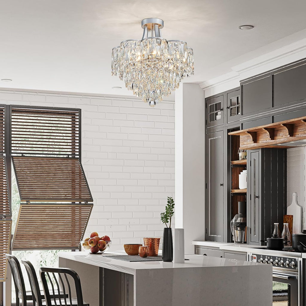 WUZUPS Crystal Chandelier Semi-Flushmount Ceiling Light Modern Lighting Fixture for Bedroom Hallway Entry Kitchen Bathroom, H 19.3' x W 18.3', E12 Base, Silver