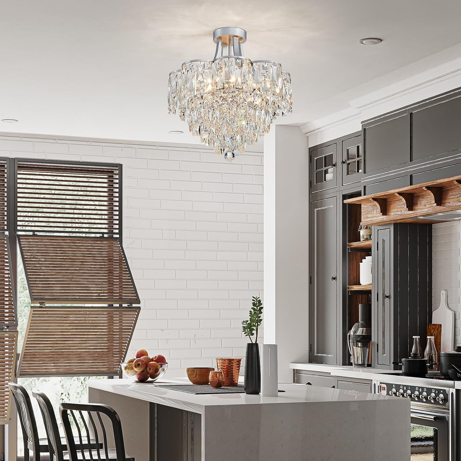 WUZUPS Crystal Chandelier Semi-Flushmount Ceiling Light Modern Lighting Fixture for Bedroom Hallway Entry Kitchen Bathroom, H 19.3' x W 18.3', E12 Base, Silver