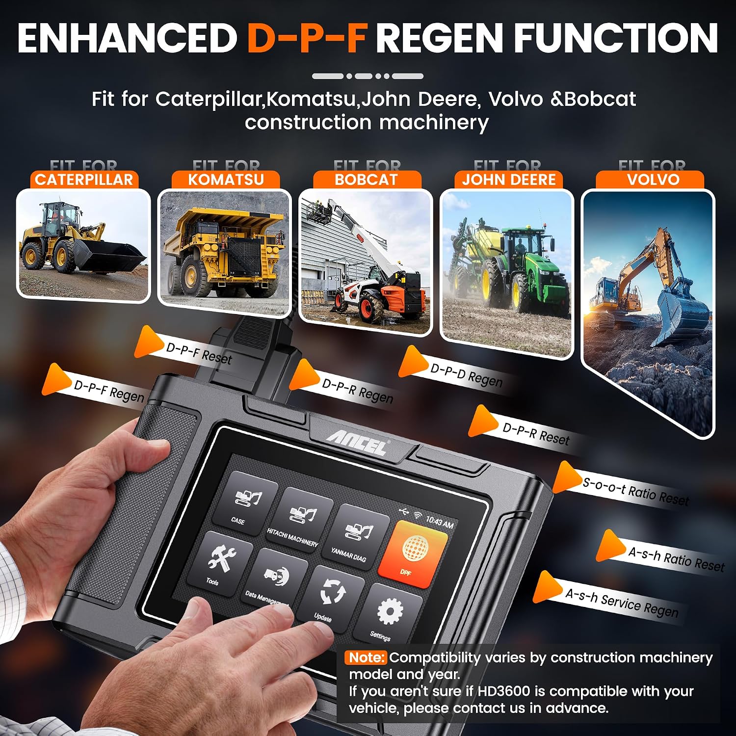 ANCEL HD3600 Heavy Equipment Diagnostic Tool with D-P-F Regen, Full System Heavy Duty Truck Scanner Machinery Scanner Diesel Code Reader Fit for Cummins, Caterpillar, John Deere, Komatsu, Yanmar&Case