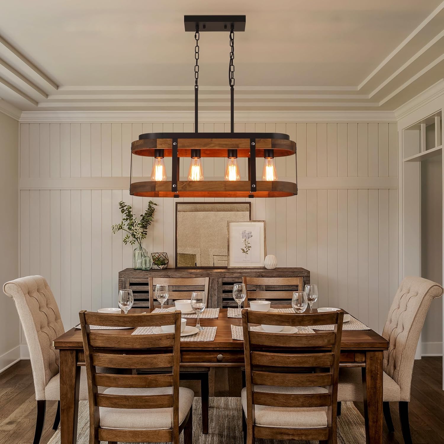 Rustic Farmhouse Wood Kitchen Island Lighting, 4 Lights Rectangular Pendant Light Fixture, Adjustable Rods Oak Wood and Metal Linear Chandelier for Kitchen Island Farmhouse Dining Room, Black